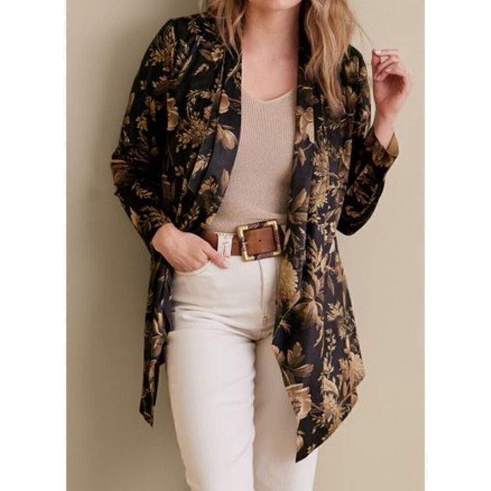 Soft Surroundings faux suede floral shape drape cardigan jacket PM petite - Picture 7 of 10